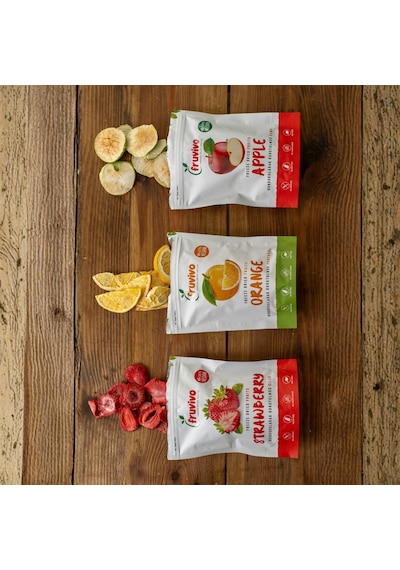 Fruvivo 3'lü Freeze Dry Paket - Elma + Portakal + Çilek - Dondurularak Kurutulmuş Meyve Cipsi Şeker İlavesiz %100 Doğal Vegan 55 G