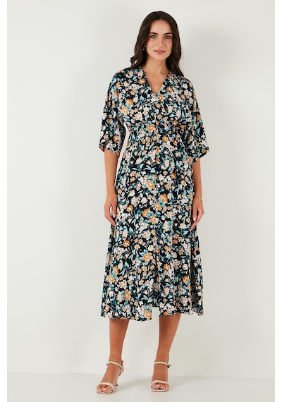 Lela Regular Fit V Yaka Desenli Midi Boy Bayan Elbise 67810573 Lacivert