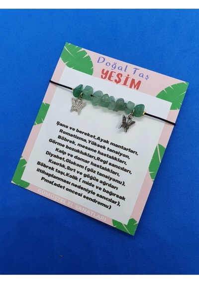 Gümüştel El Sanatları Sertifikalı Yeşim Doğal Taş Bileklik Kelebek Detaylı Orijinal Doğal Taş Çok Renkli