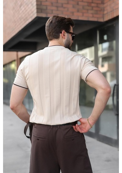 Madmext Taş Rengi Bisiklet Yaka Regular Fit Triko Erkek Tişört E7487