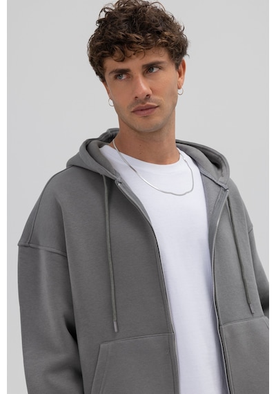 Vamos Basic Fermuarlı Oversize Kapüşonlu Sweatshirt Füme