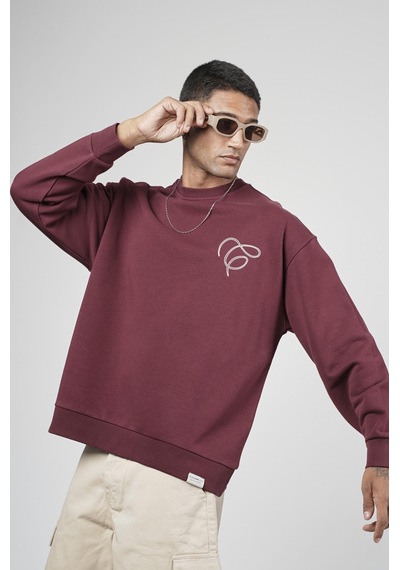 Bisiklet Yaka Baskılı Nakış Detaylı Erkek Sweatshirt Bordo