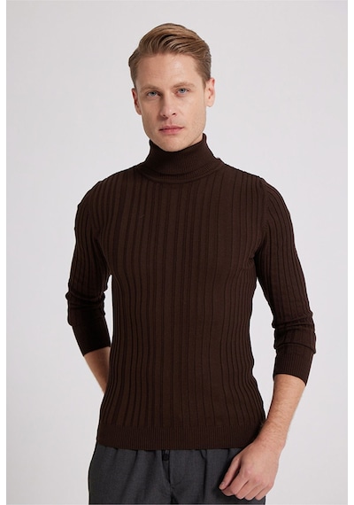 D'S Damat Slim Fit Fitilli Pamuk Karışımlı Boğazlı Triko Erkek Kazak - Kahverengi 5HF06ORT63100 Kahverengi