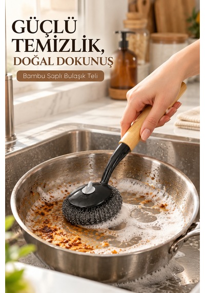 Porsima Bambu Saplı 2'li Bulaşık Ve Lavabo Temizlik Seti - Değiştirilebilir Paslanmaz Tel Bulaşık Fırçası & Çok Amaçlı Yıkama Fırçası Siyah