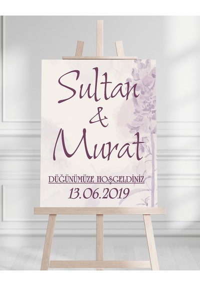 Söz Nişan Düğün İçin 50x70 Karşılama Panosu - Mor Çiçek Desenli 004 Beyaz
