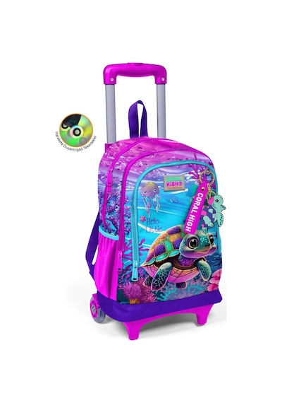 Coral High Kids Pembe Mor Kaplumbağa Desenli Üç Bölmeli Çekçekli Okul Sırt Çantası 23956