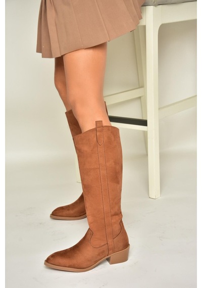Fox Shoes T480142802 Taba Süet Alçak Topuklu Kadın Çizme Taba