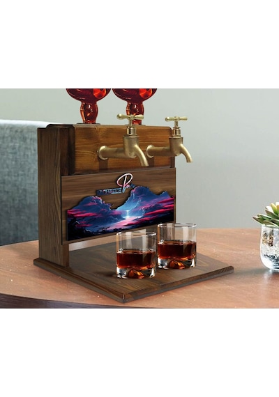 Bk Gift Kişiye Özel Kabartma Manzara Tasarımlı İsimli Çift Musluklu Doğal Ahşap İçki Standı-9, İçki Standı, Doğum Günü Hediyesi, Ev Hediyesi Bitmeyen1
