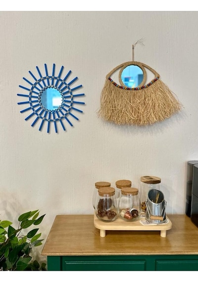Rafya Ayna 40 Cm Alaçatı Mavisi Rattan Ahşap Yarım Göz Ayna El Yapımı Hediyelik Duvar Dekoru Ayna