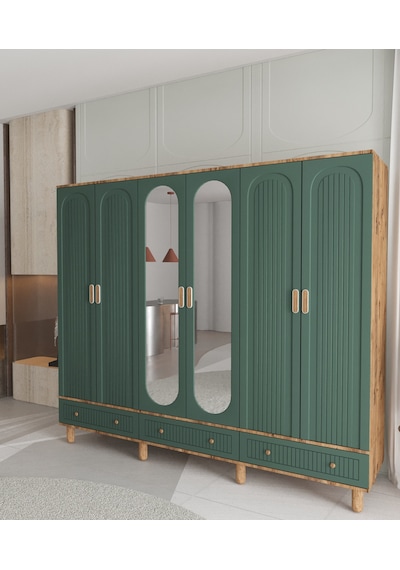 Mila 6 Kapaklı Çekmeceli Gardırop - Tamamı Mdf Yeşil