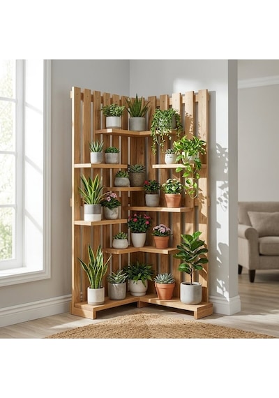 Wooddesign Çok Katlı Ahşap Köşe Çiçeklik Saksılık Ve Dekoratif Raf Modülü 160x150 Cm Bej