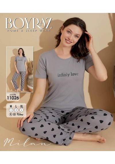 Boyraz Slim Fit Dar Kesim Kadın Milan Bisiklet Yaka Kısa Kol Pijama Takımı 11026g - 1 Adet Gri Boyraz Slim Fit Dar Kesim Kadın Milan Bisiklet Yaka Kısa Kol Pijama Takımı 11026g - 1 Adet Gri