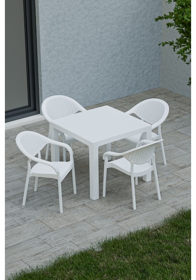 90x90 Cm Rattan 4 Kişilik Masa Takımı Camsız Bambu Sandalye Bahçe Teras Takımı Oturma Grubu Beyaz