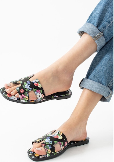 Dabab Shoes Florısa Kadın Çiçek Desenli H Bantlı Siyah Düz Taban Yazlık Terlik