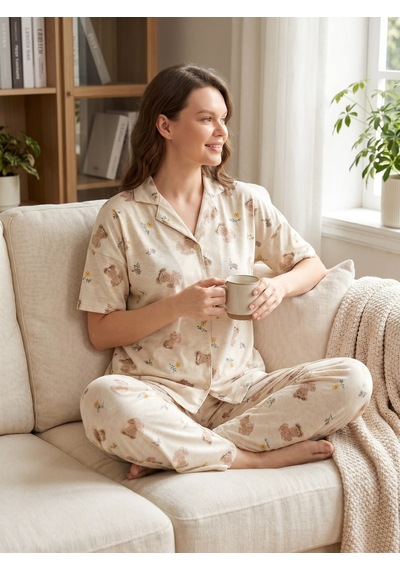 Hepsine Rakip Kadın Düğmeli Kısa Kollu Uzun Alt Pijama Takımı Ayıcık Desenli 7515 Ekru