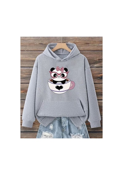Herkesemoda Sevimli Panda Baskı Detaylı Kapüşonlu Sweatshırt Gri