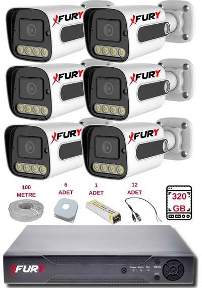 Fury 6 Kameralı Set Full Hd Gece Renkli Görüş - Cepten İzle - Su Geçirmez Güvenlik Kamerası Seti 320gb