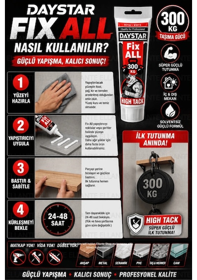 Fix All High Tack 300 Kg Güçlü Yapıştırıcı Beyaz Delmeden Montaj, Ahşap Metal Cam Seramik Pvc Çok Çok Renkli