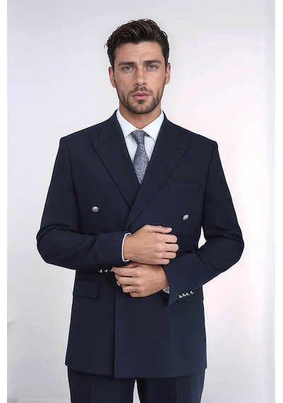 Gümüş Renk Metal Düğmeli Slim Fit Kruvaze Lacivert Erkek Takım Elbise Wessi Lacivert