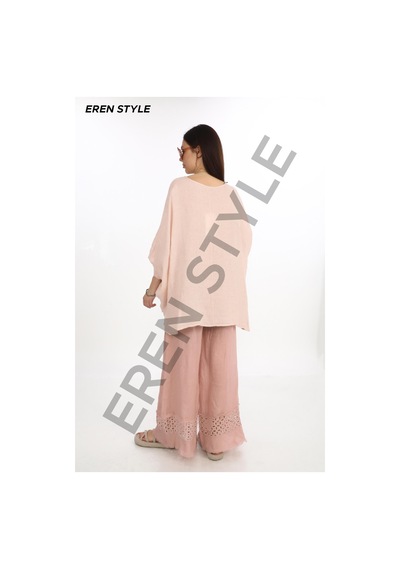 Eren Style İtalyan Fisto Paça Detaylı Keten Pantolon-9893 Pudra
