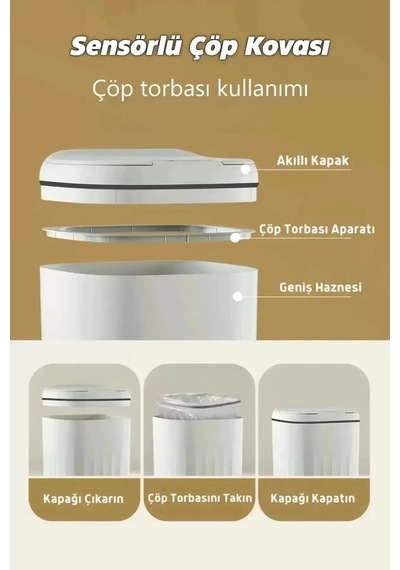 20 Lt Sensörlü Çöp Kovası Akıllı Pilli Otomatik Kapaklı 4 Kalem Pil Dahil Çok Renkli