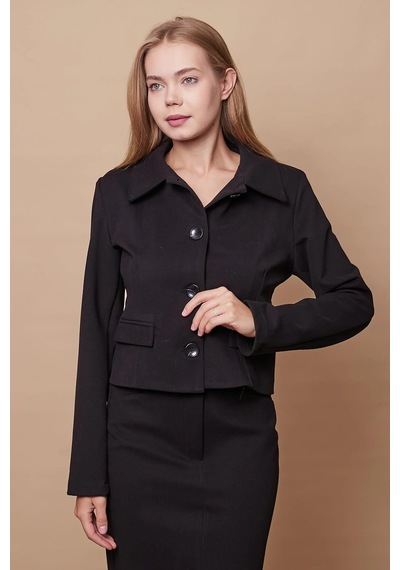 Kadın Likralı Kaşe Kumaş Yakalı Cep Kapaklı Uzun Kol Düğmeli Kısa Blazer Ceket Kaban-siyah Siyah Kadın Likralı Kaşe Kumaş Yakalı Cep Kapaklı Uzun Kol Düğmeli Kısa Blazer Ceket Kaban-siyah Siyah
