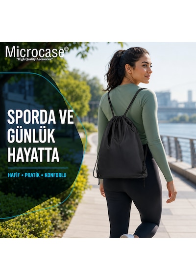 Microcase Su Geçirmez İpli Büzgülü Sırt Askılıklı Spor Çantası Gym Fitness Seyehat Hafif Kullanışlı Çanta 2 Adet Al5626 Siyah