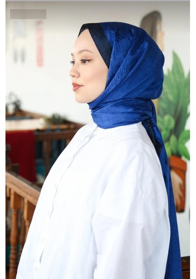 Premium Lux Original Monogram Şal İpek Vual, Yüksek Kalite, Hafif, Rahat, Şık, Tesettür, Shawl Saks Mavi Lacivert Şeritli