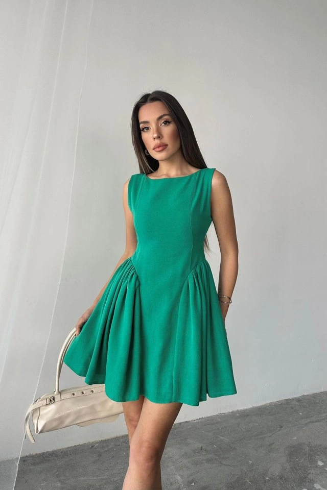 De'charme Yeşil Mini Boy Büzgülü Keten Elbise