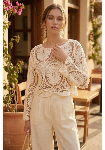 Sayzen Your Shine Dantel Işleme Crop Bluz Sy-shn2610 Ekru