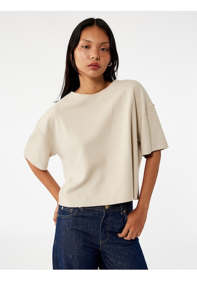 Koton Kısa Kollu Bisiklet Yaka Basic Oversize Tişört Bej 6wal10190ık Ekru
