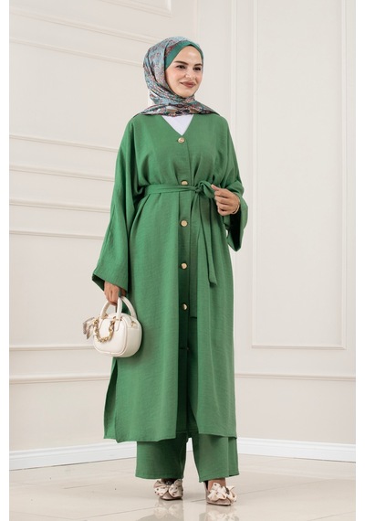 Sevitli Düğmeli Davin Abaya İkili Takım-yeşil-5980
