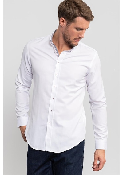 Tudors Slim Fit Dar Kesim Düz Spor Erkek Gömlek-20059 Beyaz