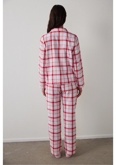 Penti Gül Kurusu Modal Ekoseli Gömlek Yaka Düğmeli Pamuklu Pijama Takımı
