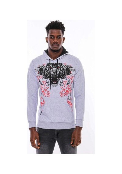 Wessi Gri Taşlı Baskılı Kapşonşlu Sweatshirt Gri