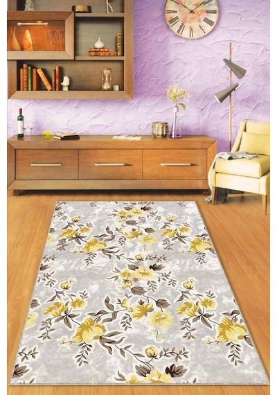 Sarı Çiçekli Kaymaz Tabanlı Makinede Yıkanabilir Halı Bh01n11