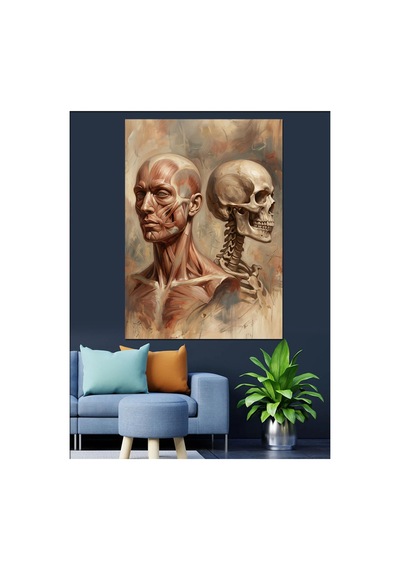 Anatomik İnsan Ve İskelet Portresi Yağlı Boya Dokulu Kanvas Tablo Canvas Tablosu