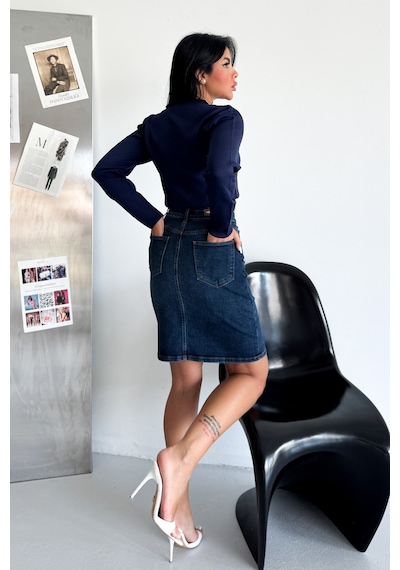 HLT Jeans Kadın Koyu Mavi Yıkamalı Regular Fit Yüksek Bel Orta Boy Likralı Denim Kot Etek Alice-4006