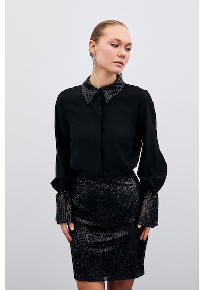Sateen Payet Detaylı Gömlek - Siyah