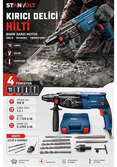 Bakır Sargılı Kırıcı Delici Hilti 4 Fonksiyon Sds Plus Darbeli Matkap Seti Mandren + Keski + Matka