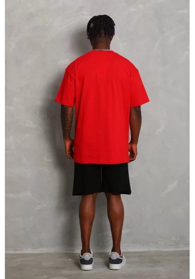 Yake Store Unisex Oversize Düz Bisiklet Yaka T-shirt - Kırmızı - Kırmızı