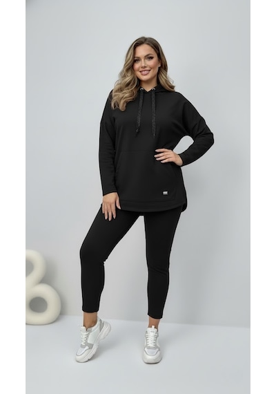 Koza Butik Kadın Büyük Beden Uzun Kollu Kapüşonlu Kanguru Cepli Sweatshirt 2016 Siyah