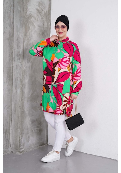 Polologin Butik Renkli Yaprak Desenli Gömlek Tunik Fuşya & Yeşil & Turuncu & Kahverengi