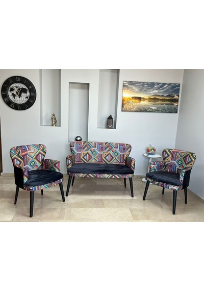 Azra Mobilya Çay Seti Koltuk Takımı - Cafe - Balkon - Bahçe - Ofis Mobilyası - Salon Oturma Grubu Karışık Desen Siyah