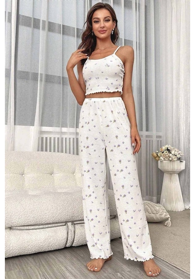 Merry See Baskılı Askılı Pijama Takımı Mor Çiçekli Mor