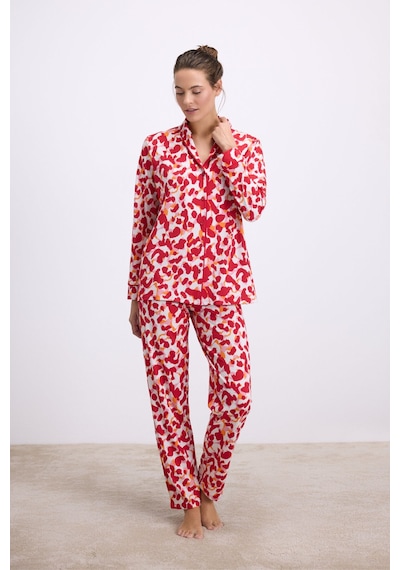 Man11564-1005 Anil Ev Giyim Anıl Kadın Desenli Uzun Kollu Gömlek Yaka Pijama Takımı Nefes Alabilir Yumuşak Kumaş Jersey 11564 Kırmızı