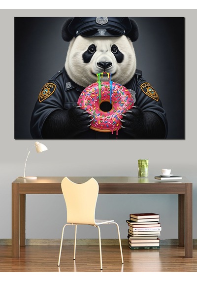Panda Polis Pembe Donat Yiyor Dekoratif Kanvas - Mdf Ahşap Tablo