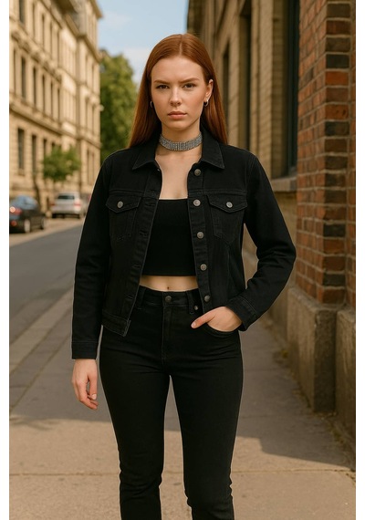 Kadın Cep Detaylı Slim Fit Jean Ceket Siyah 001