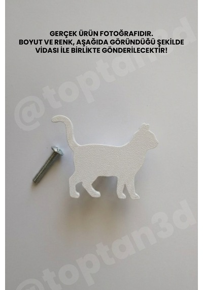 3 Adet - Beyaz Kedi Dolap Kulpu - Modern Çocuk, Bebek Odası Mobilya Kulpu Kulp Vidası Dahildir Sarı