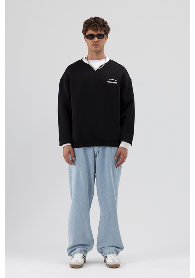 Vamos Oversize Bisiklet Yaka Baskılı Sweatshirt V70-91 Siyah